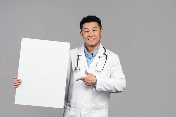 Smiling Handsome Adult Asian Male Doctor White Coat Stethoscope Points — Zdjęcie stockowe