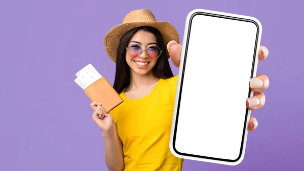 Travelling Mobile App Joyful Young Asian Woman Passport Tickets Showing — Zdjęcie stockowe