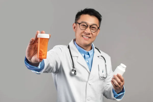 Cheerful Adult Asian Guy Doctor White Coat Glasses Stethoscope Show — Stok Foto