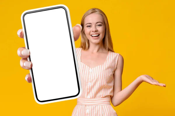 Joyful Young Lady Summer Dress Demonstrating Brand New Cell Phone — Foto de Stock