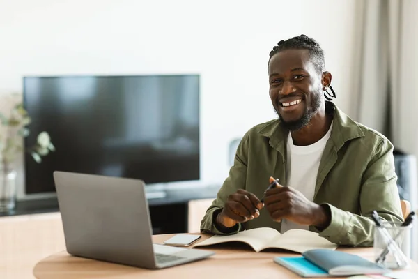 Home Office Concept Happy African American Man Sitting Desk Working —  Fotos de Stock