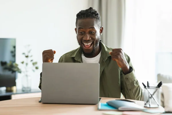 Overjoyed Black Male Entrepreneur Using Laptop Smiling Gesturing Yes Sitting — стоковое фото