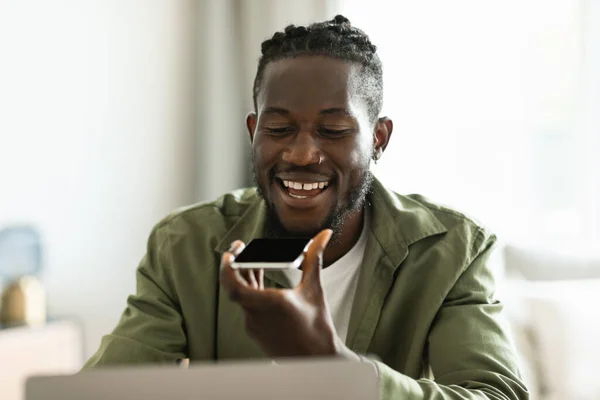 Happy Black Man Recording Audio Message Smartphone Having Conversation His — Stockfoto