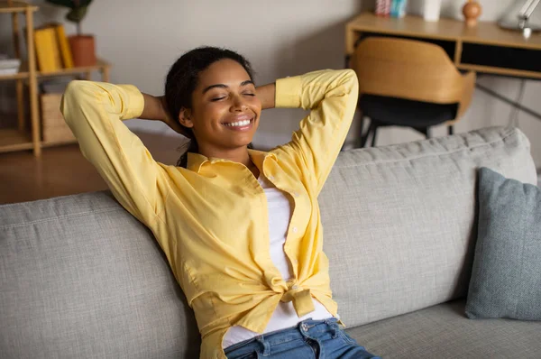 Cheerful Black Millennial Lady Resting Eyes Closed Relaxing Sitting Holding —  Fotos de Stock