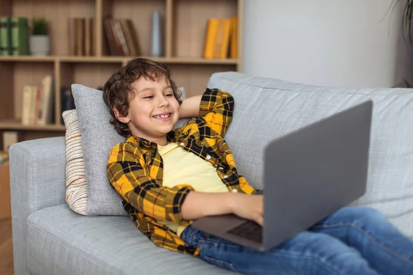 Leisure Modern Kids Happy Little Boy Watching Streaming Video Online — Foto de Stock