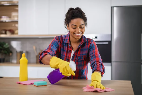 Happy Young African American Lady Housewife Wipe Dust Spray Rag — стоковое фото