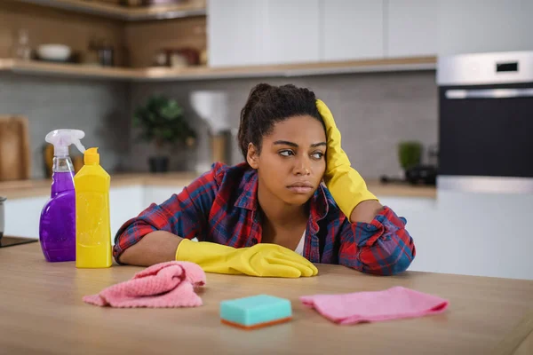 Sad Tired Despaired Millennial Black Housewife Rubber Gloves Holding Her — Fotografia de Stock