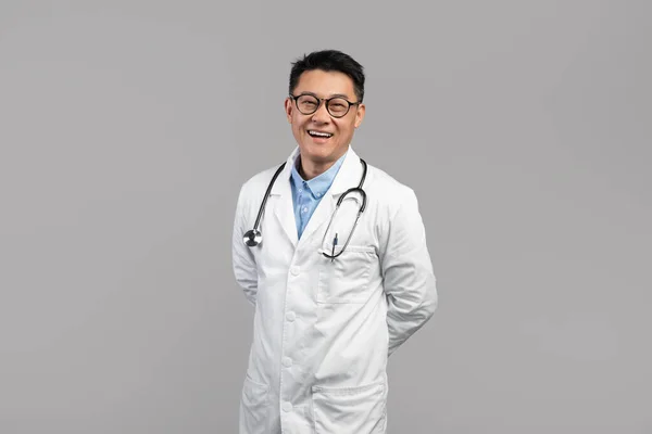 Cheerful Confident Handsome Middle Aged Asian Male Therapist White Coat — Fotografia de Stock