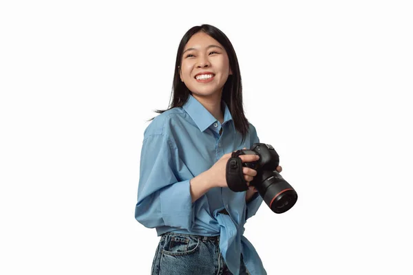 Happy Japanese Photographer Lady Posing Holding Photo Camera White Studio — Fotografia de Stock