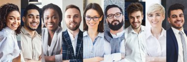 Collage of portraits of happy multiracial young business people beautiful men and women in formal outwear posing outdoors and indoors, panorama, success in business for millennials