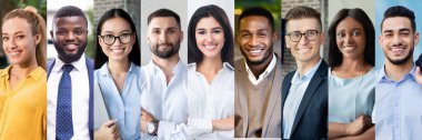 Collage of headshots of happy international young business people beautiful men and women in formal outwear posing outdoors and indoors, panorama, success in business for millennials