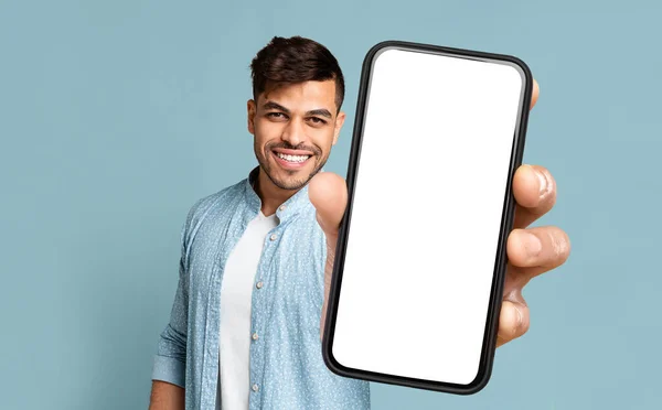 Happy Handsome Middle Eastern Young Man Showing Modern Phone White — стоковое фото