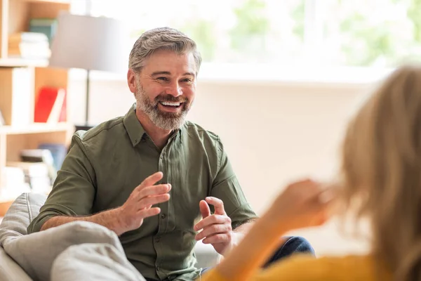 Handsome Middle Aged Man Chatting Wife While Relaxing Home Cheerful — Foto de Stock
