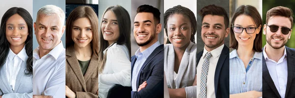 Smiling multicultural faces looking at camera, set of international business people cheerful old and young men and women posing indoors and outdoors, collage for business integration concept