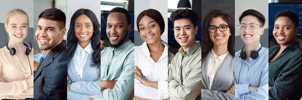 Career, job, occupation for millennials concept. Collection of photos of smiling multiethnic young people attractive positive men and women in formal outfits posing at workplace, collage