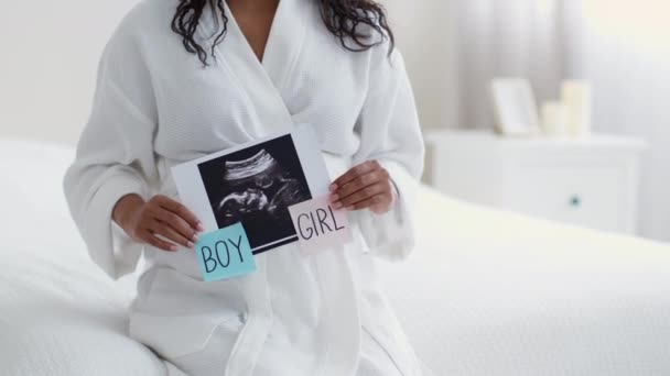 Gender Mystery Pregnancy Playful Unrecognizable Black Pregnant Lady Showing Sonogram — Stockvideo