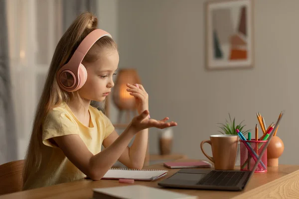 Side View Kid Girl Making Video Call Laptop Computer Talking — Fotografia de Stock