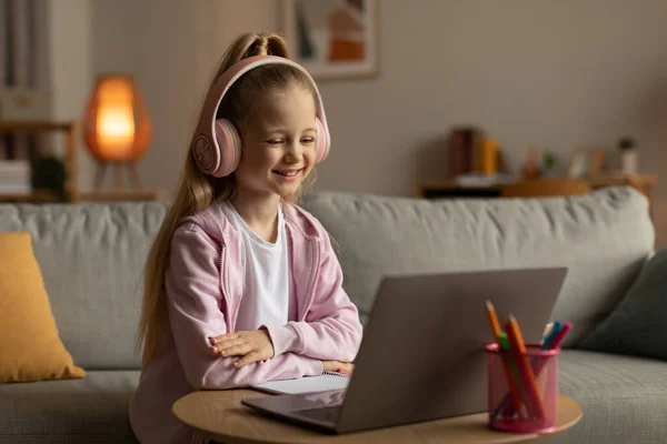 Distance Education Happy Schoolgirl Using Laptop Computer Wearing Earphones Learning — Fotografia de Stock