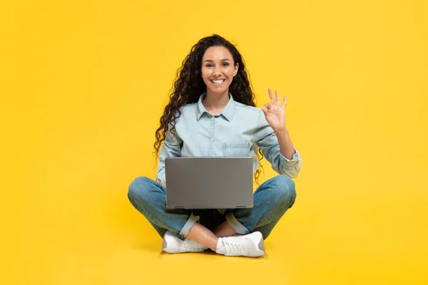 Middle Eastern Lady Working Laptop Gesturing Okay Approving Website Sitting — Φωτογραφία Αρχείου