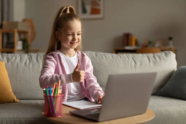 Smiling School Kid Girl Gesturing Laptop Approving Learning Service Sitting — 图库照片