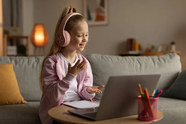 Positive Kid Girl Learning Online Making Video Call Laptop Talking — Fotografia de Stock