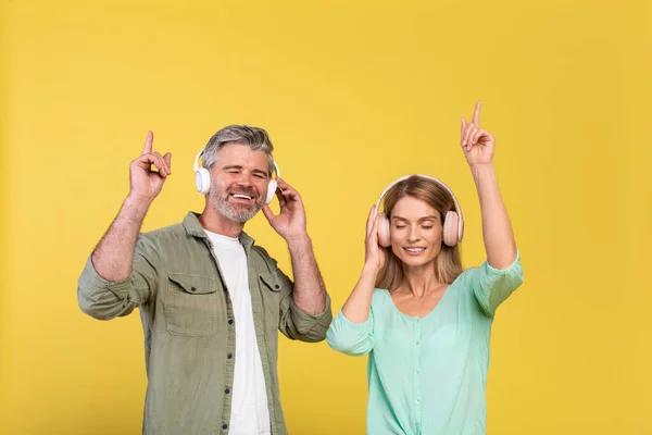 Its Our Song Excited Caucasian Middle Aged Spouses Wearing Touching — Fotografia de Stock