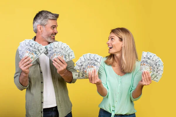 Overjoyed Middle Aged Spouses Holding Bunch Money Banknotes Celebrating Success — Φωτογραφία Αρχείου