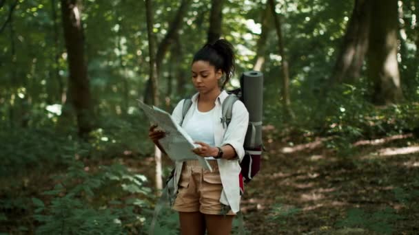 Orienteering Woodland Young African American Woman Tourist Backpack Studying Paper — Αρχείο Βίντεο