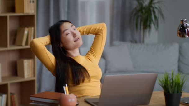 Comfort Remote Work Young Happy Asian Woman Freelancer Relaxing Workplace — Vídeos de Stock