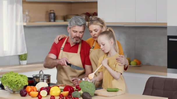 Family Culinary Happy Little Girl Preparing Dinner Together Parents Kitchen — Vídeo de Stock