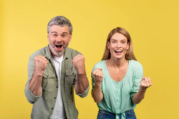 Hooray Euphoric Middle Aged Spouses Raising Fists Exclaiming Excitement Man — Fotografia de Stock