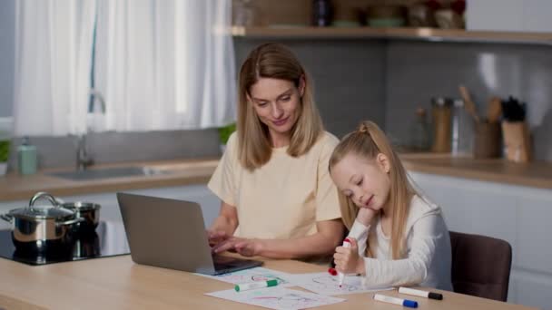 Happy Motherhood Business Loving Mother Typing Laptop Her Little Daughter — Stockvideo