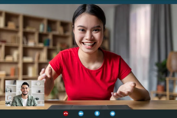Smiling Excited Teen Korean Girl Student Rejoices Looks Laptop Screen — Foto de Stock