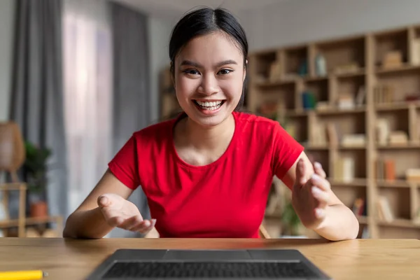 Glad Excited Young Asian Lady Student Rejoices Looks Computer Screen —  Fotos de Stock