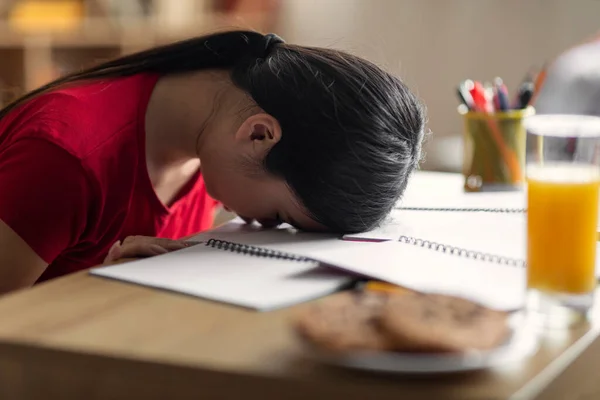 Tired Sleepy Young Chinese Lady Student Lies Sleeps Table Notebooks — Fotografia de Stock