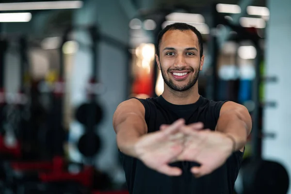 Handsome Smiling Black Man Stretching Arms Training Gym Closeup Portrait — Stock Photo, Image