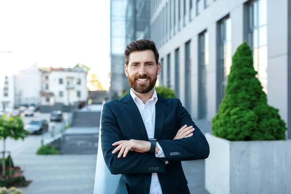 Successful Business Work Happy Confident Millennial Handsome Businessman Beard Suit — Foto de Stock