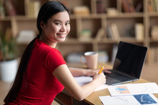 Smiling Young Korean Female Student Studying Laptop Blank Screen Watching — Foto de Stock