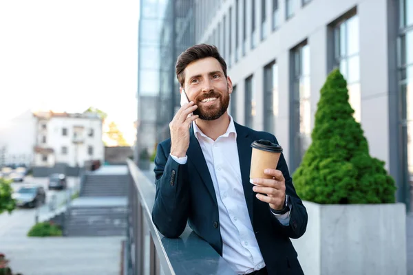 Happy Millennial European Male Beard Suit Call Smartphone Drinks Cup — Stock Fotó