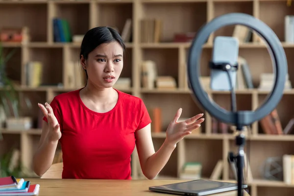 Sad Serious Frustrated Young Asian Lady Shooting Blog Smartphone Gesturing — Fotografia de Stock