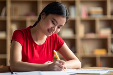 Smiling smart young chinese woman student doing homework, preparing to exam alone in room interior, close up, empty space. Education and study at home, knowledge and homework during covid-19 outbreak