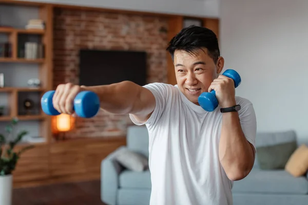 Fitness Sport Concept Active Mature Man Exercising Two Dumbbells Boxing — Stockfoto
