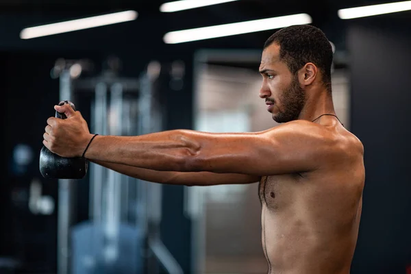 Side View Muscular Shirtless Black Man Training Kettlebell Gym Young — Fotografia de Stock