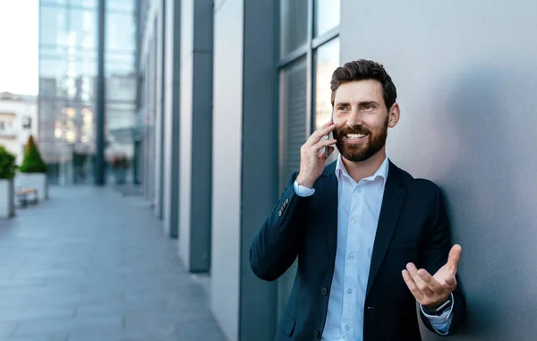Cheerful Confident Millennial European Businessman Beard Suit Calling Smartphone Modern — Stock Fotó
