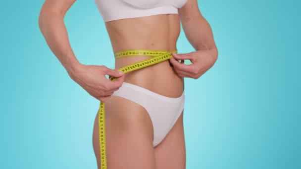 Weight Loss Concept Close Shot Unrecognizable Slim Lady Measuring Her — Vídeo de stock