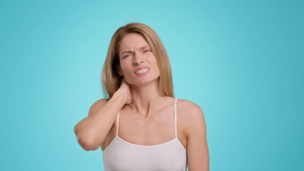 Rheumatic Pain Upset Middle Aged Woman Suffering Neck Ache Massaging — Vídeos de Stock