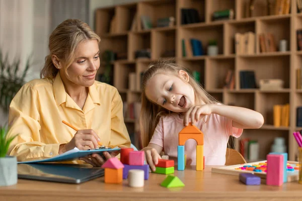 Child Psychology Exam Happy Little Girl Playing Colorful Wooden Blocks — Stockfoto