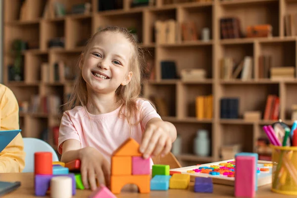 Happy Little Girl Playing Colorful Wooden Blocks Smiling Camera Enjoying — 图库照片