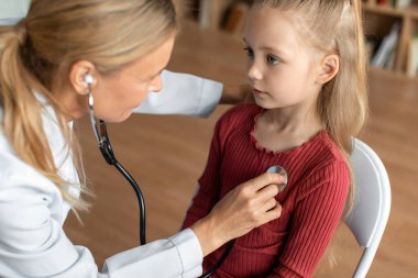 Female doctor checking childs lungs during medical checkup in modern exam room at the clinic. Woman pediatrician using stethoscope to examine breathing and heartbeat of little patient