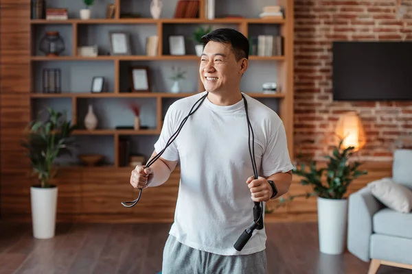 Satisfied Asian Mature Man Sports Uniform Skipping Rope Ready Training — Foto de Stock